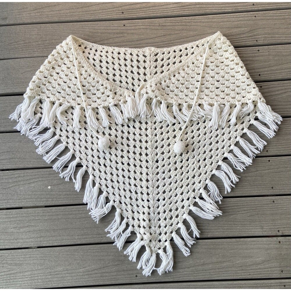 Cream Crochet Triangle Shawl Wrap Fringe Pom Pom Ties Boho Cottagecore